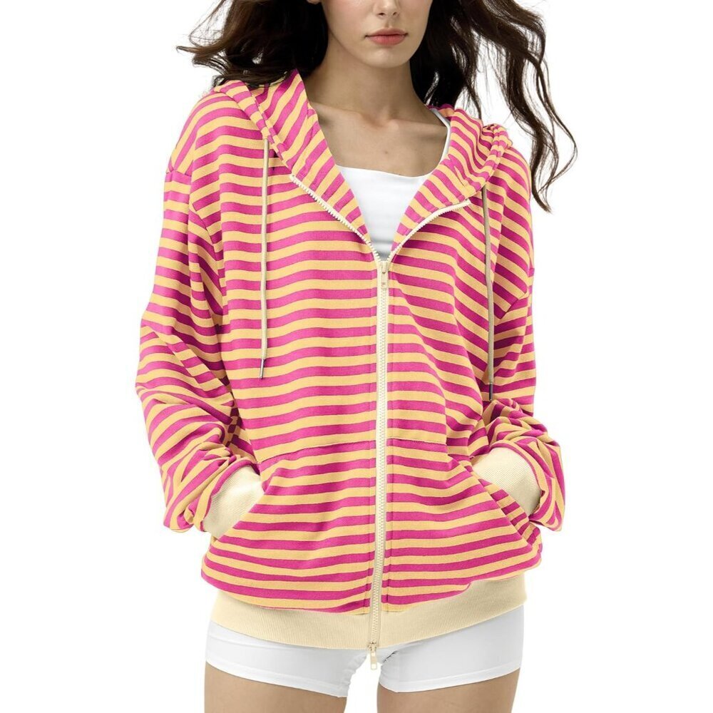 Oversized Cotton Striped Zip-Up Hoodie Women Fall Winter Casual Sweater